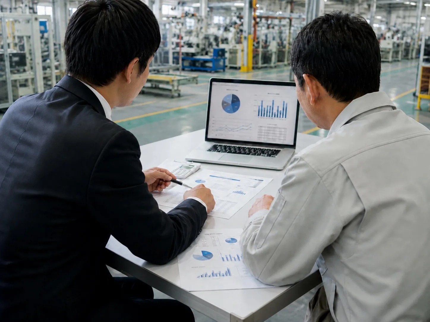 財務データを確認しながら経営改善策を検討する様子